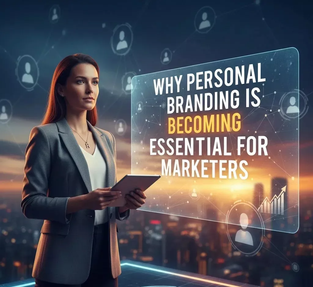 A professional woman holding a tablet stands in front of a city skyline with a transparent screen displaying the text “Why personal branding is becoming essential for marketers” and connected profile icons in the background
