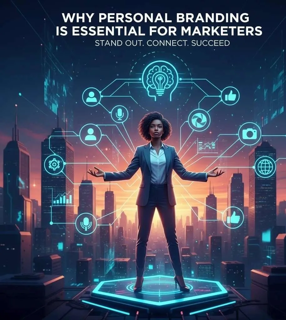 A professional woman standing on a glowing platform in a city skyline with digital icons and connection lines around her illustrating marketing tools social media and branding elements