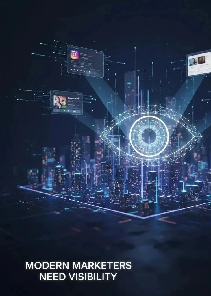 Digital illustration of a glowing eye over a smart city with data and social media panels symbolizing why modern marketers need visibility in a privacy focused digital world
