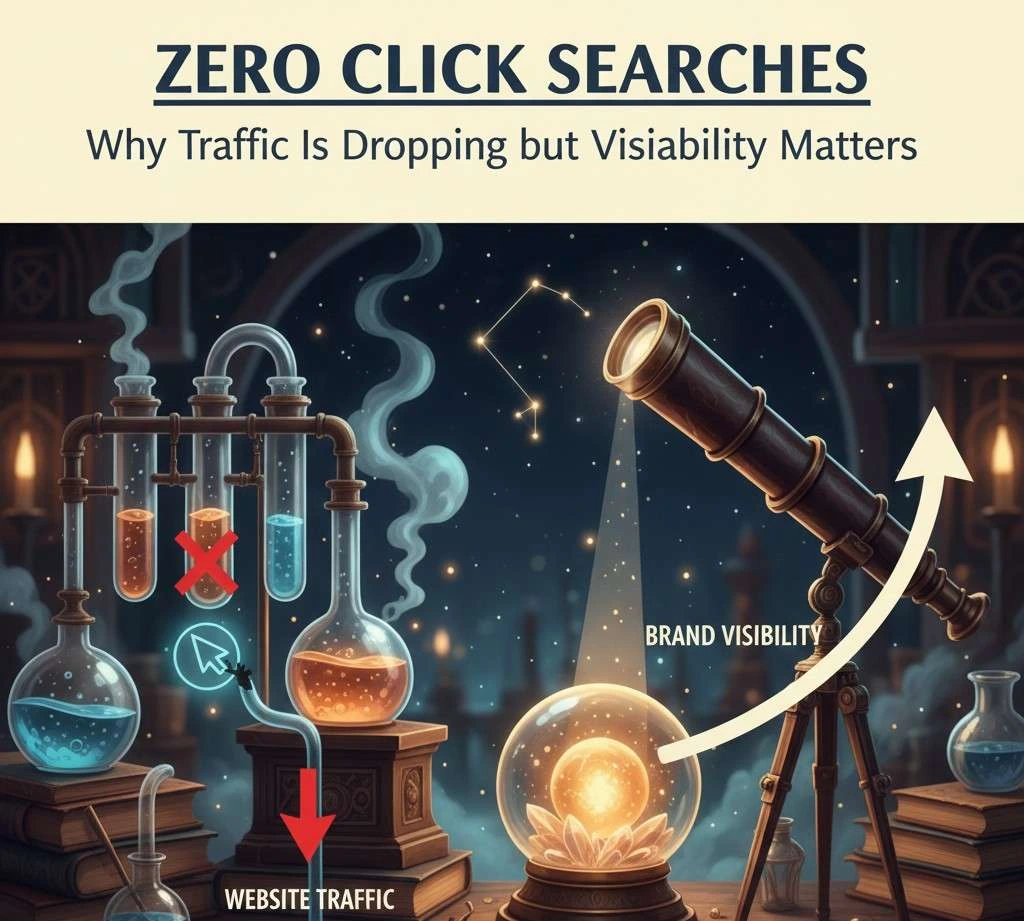 The image illustrates Zero Click Searches by showing website traffic decreasing through broken data flows on one side, while brand visibility grows on the other, symbolized by a telescope focusing attention without clicks.