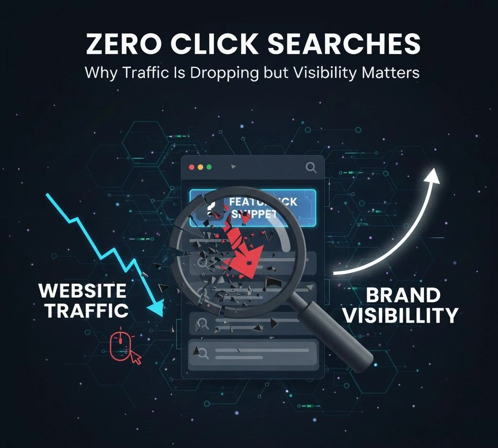 This image explains Zero Click Searches by showing how website traffic declines while brand visibility grows. The downward arrow on the left represents fewer clicks to websites. The broken featured snippet in the center shows answers being displayed directly on search results. The upward arrow on the right highlights increased brand visibility even without user clicks.