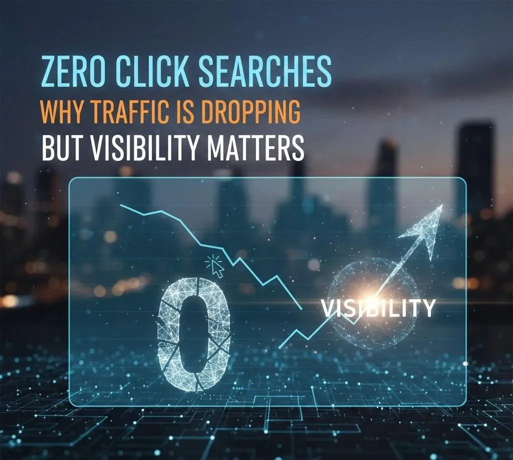 A conceptual digital graphic showing a declining line graph for web traffic contrasting with a rising arrow for brand visibility, featuring the title 'Zero Click Searches: Why Traffic Is Dropping But Visibility Matters'