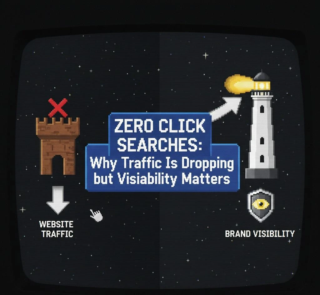 The image explains Zero Click Searches by showing website traffic declining on one side and brand visibility increasing on the other, highlighting how users get answers directly on search results without clicking websites.
