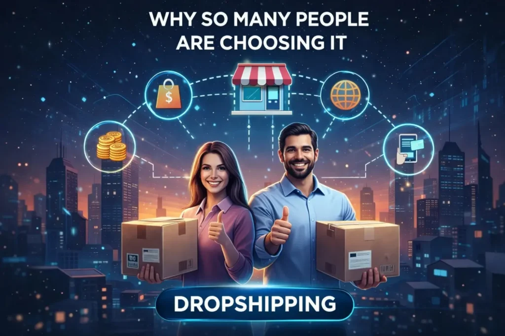 How to start a dropshipping business – illustration showing why so many people are choosing dropshipping with ecommerce growth, online store, and global selling concept