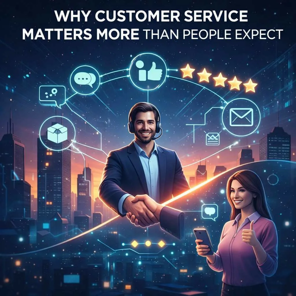 How to start a dropshipping business illustration showing customer service importance with a support agent and happy customer building trust and satisfaction